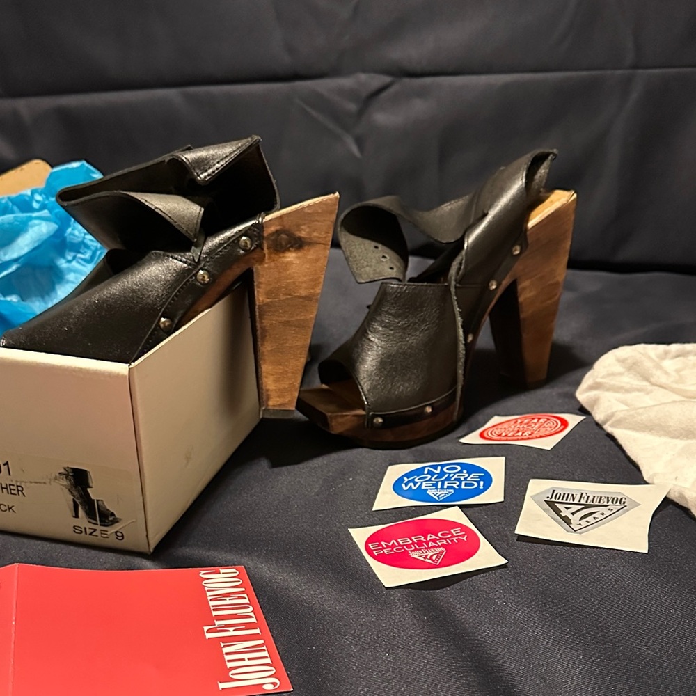 John Fluevog Black Leather Mules with Wooden Heel